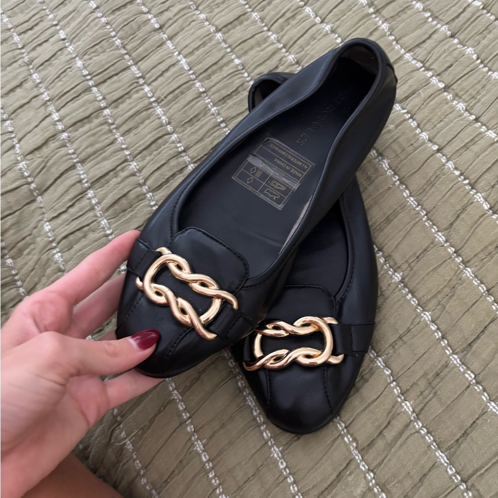 Macy's Black Flats with Gold Chain Accent